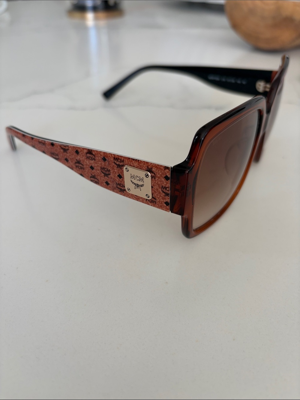 MCM Women's Tortoiseshell Logo-Print Square Sunglasses with Gold Plaque